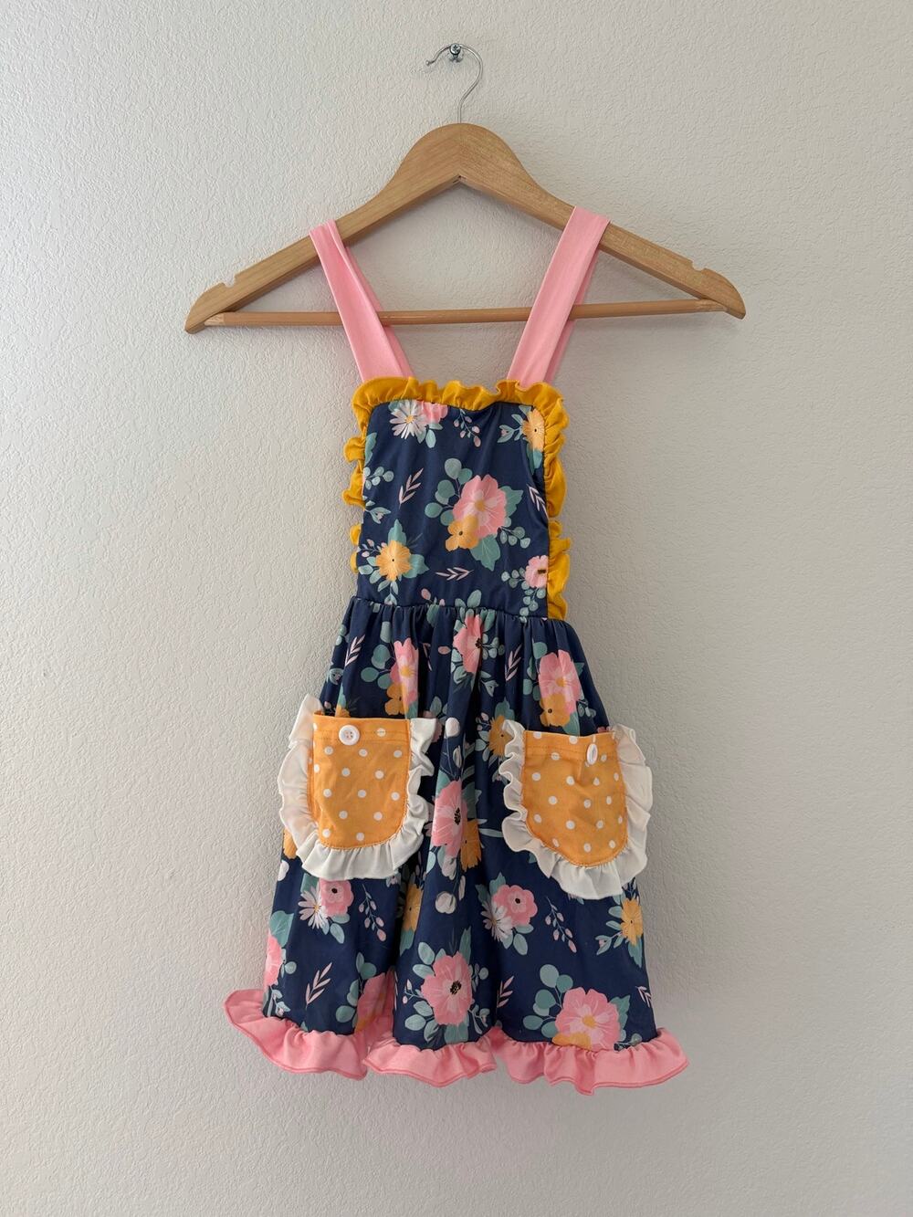 Dash of Glitter Floral Apron Pocket Dress Pink Blue Ruffle Tie Back Boutique